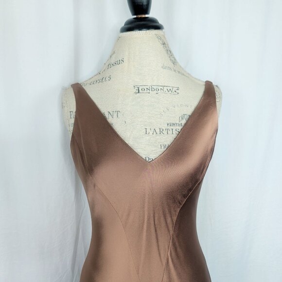 Vintage 90s Carmen Marc Valvo Bronze Formal Gown 4 Small V-Neck - Picture 2 of 10